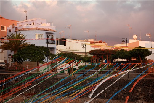 Colorful decorations in contrast to the volcanic landscape of Tenerife.