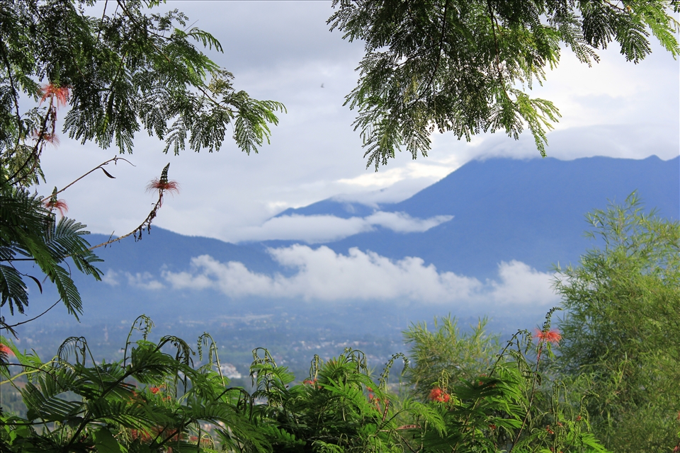 The Side view from The Temple. showing one of the mountain layers covered in clouds.