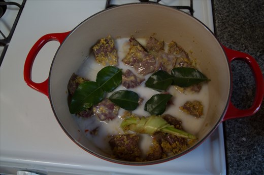 Beef Rendang begins its journey, bright yellow and white
