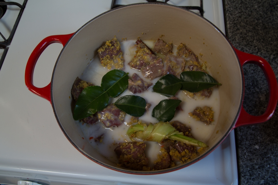 Beef Rendang begins its journey, bright yellow and white