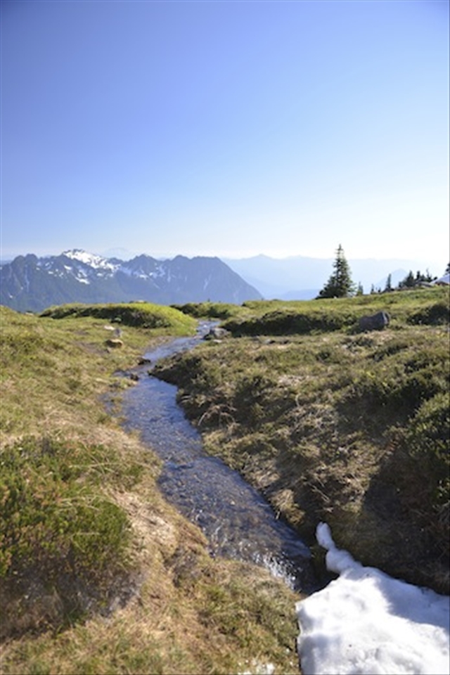 This is where the large rivers at the bottom start forming. The massive land changing power of the white water rivers at the bottom of the mountain start here in little, life giving ,streams coming fresh out of the melting snow pack and seem to pour right off the face of the earth.