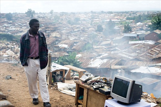man is selling second-hand electronics