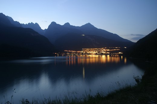The view to the town of Molveno at dusk taken from our free camping spot