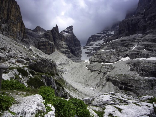 The view from the Refugio di Tuckett showing the glacier leading to the start of the via ferrata