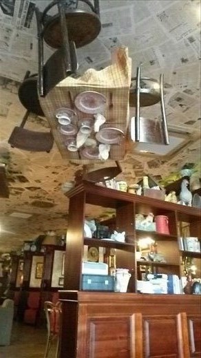 The ceiling at a restaurant we ate at. It's aset table upside down. Kinda neat