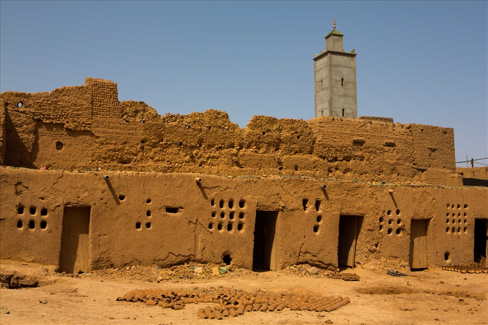 Tamegroute famous for pottery is built out of mud except for the new minaret