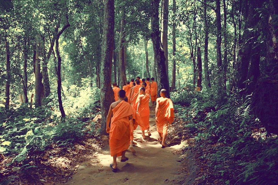 Tibetan monks in search of the same secret forest waterfall as we are.