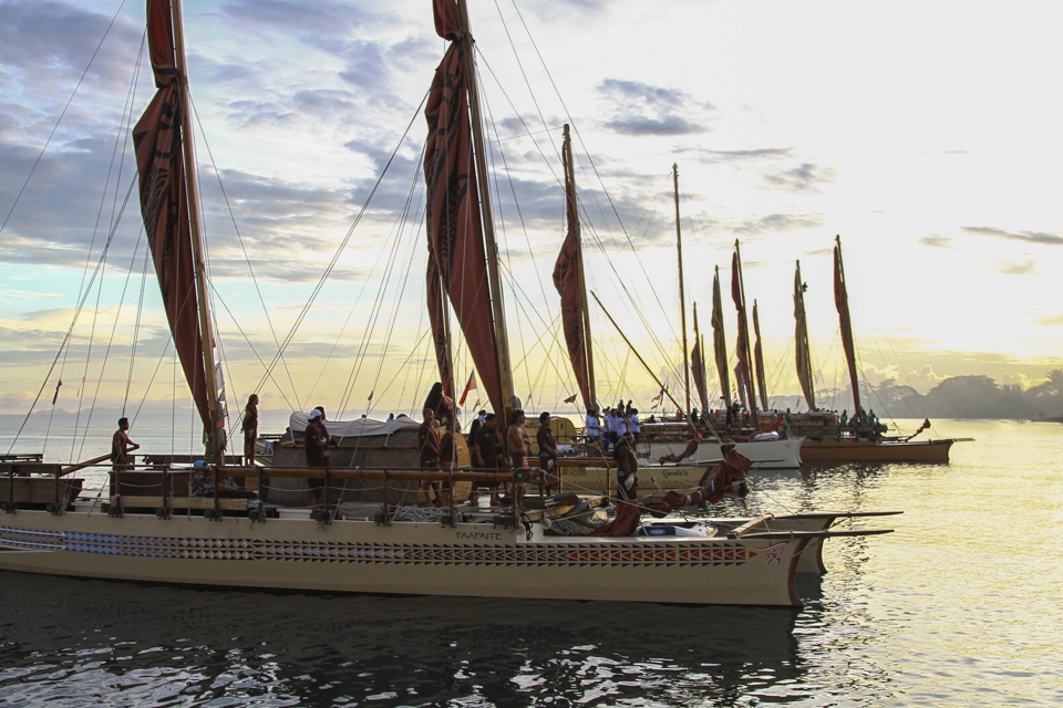 The Dawn Arrival:

After more than a week of sailing day and night from Vanuatu the fleet of Te Mana o Te Moana arrives in the Solomon Islands. The fleet of 7 Vaka Moana reef their sails and await the dawn welcoming ceremony with thousands of locals gathered on the beach. Conch shells are blown and haka performed announcing the arrival.