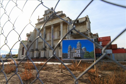 Cathedral of the Blessed Sacrament as it is today compared to what it used to be. This scene looks like it would be right at home in the middle of The Forum in Rome. It does showcase some Kiwi ingenuity through the use of shipping containers to work as support for the remaining structure.