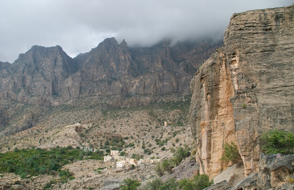 Hadash village. Accessed only by a steep narrow track requiring a capable 4x4 vehicle. Hadash is a snapshot of life as it once was in Oman. Existence of the village remains largely due to the spring water channelled from the mountainside by intricate falaj irrigation systems much as it was centuries past.