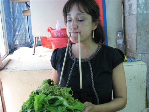 Walrus Girl Eating Bun Cha in Hanoi