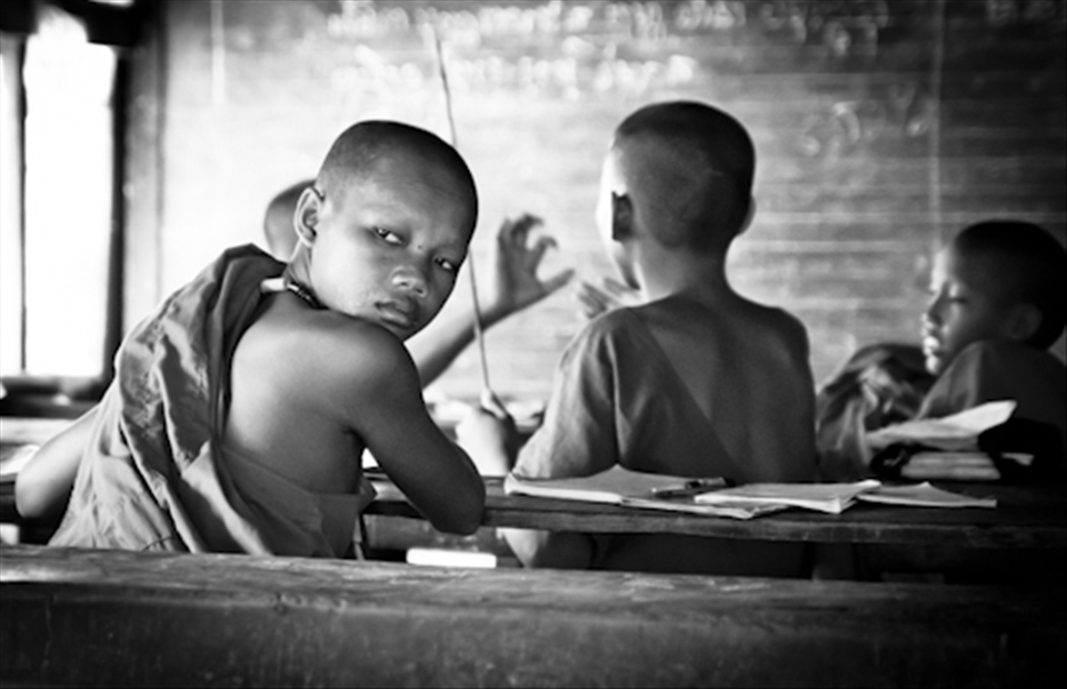 Village of Buddhist monks in the country - students waiting for the teacher