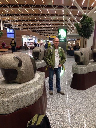 Leaving Calgary,
Bison sculptures representing recent return of herd to Banff