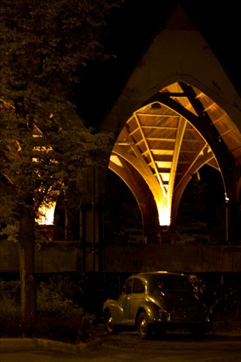 Even with out the shell of Knox Church, it is still standing strong and still showing the beauty of a classical design with a perfectly match parked vintage car beside it.