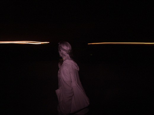 The solace while recording bat sounds with an ultrasound detector along Nuweiba road outside St. Katherine, Sinai, is occasionally interrupted by vehicular traffic, drawing biologist Jill Carpenter's attention. Photography was limited to using infrared lighting to minimize attention to a lone woman at night. During this transect, on August 14, 2010, Carpenter recorded and subsequently confirmed the existence in Sinai of the Lesser Mouse-tailed bat, Rhinopoma cystops, previously suspected only by a single recording in 2005.