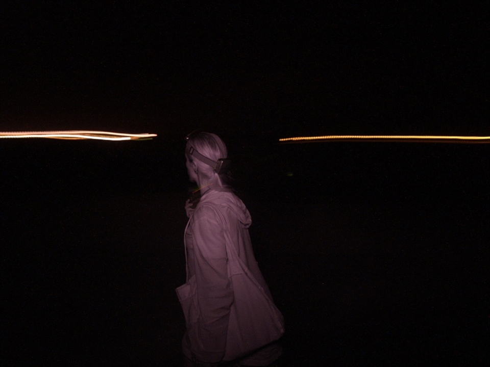 The solace while recording bat sounds with an ultrasound detector along Nuweiba road outside St. Katherine, Sinai, is occasionally interrupted by vehicular traffic, drawing biologist Jill Carpenter's attention. Photography was limited to using infrared lighting to minimize attention to a lone woman at night. During this transect, on August 14, 2010, Carpenter recorded and subsequently confirmed the existence in Sinai of the Lesser Mouse-tailed bat, Rhinopoma cystops, previously suspected only by a single recording in 2005.