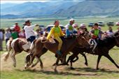 This was a one of the highlights of my trip - seeing the young boys racing in the final to the local Naadam festival in Ikh-Uul. 
I love the look of terror on the boy in front whose horse is slowing down, and the look of confidence on the boy in yellow who eventually won the race. Though only 8 years old, these boys rode from over the horizon without saddles, shoes or any apparent sign of fear. : by robvallender, Views[182]