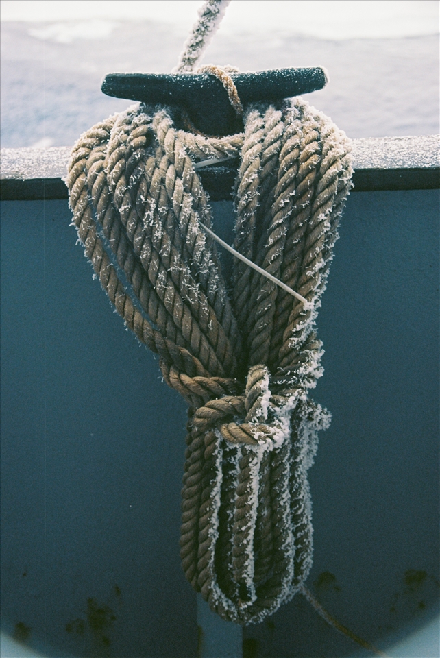 A rope covered in frost from the frigid temperatures of the Northern Beaufort