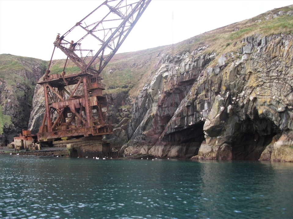 The Samson, a crane ship, was wrecked on Ram Head, near the small village of Ardmore, Co. Waterford, during a December storm in 1987 as it was being towed from Liverpool to Malta.  It sits under the cliffs of St. Declans Walk where it guards the entrance to some sea caves.