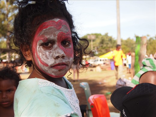 The Anindilyakwa people of Groote Eylandts cultural event. One people one voice: footie, bush takka, dampar making, music, and face painting for the children. A somber face maybe in reflection of how their home has changed so rapidly. In the light of two very different worlds trying to cohabit Groote peacefully, the strain is present.
