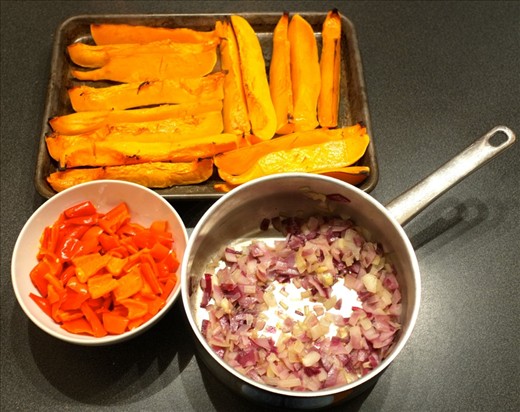 roasted squash, microwaved peppers and fried onions