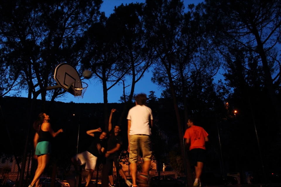 A late summer evening game of basket ball where 'travelling' is a foul !!