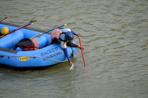 Sacred Science - A Raft Guide clearing up the litter thrown by others in the Ganges. People respect & regard Ganges as God. 