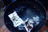 Setting up the smoker with a charcoal snake (for a slow burn and steady heat) and packets of wood chips for smoke.: by ryan_kennedy, Views[335]
