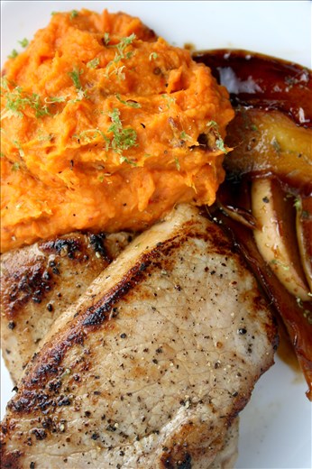 Apple Cider Brined Pork Loin w/ Chipotle Mashed Sweet Potatoes and Caramelized C