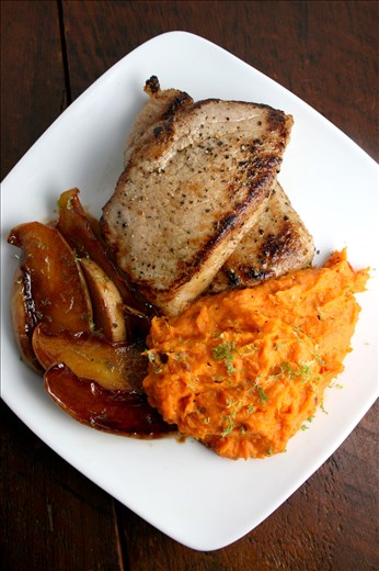 Apple Cider Brined Pork Loin w/ Chipotle Mashed Sweet Potatoes and Caramelized C