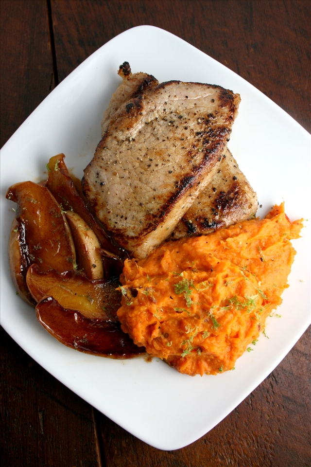 Apple Cider Brined Pork Loin w/ Chipotle Mashed Sweet Potatoes and Caramelized C