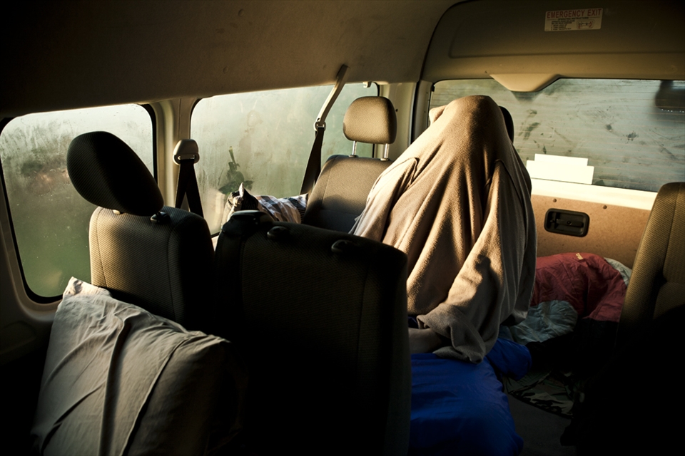 Makeshift sleeping arrangements. Nowhere near civilisation. 