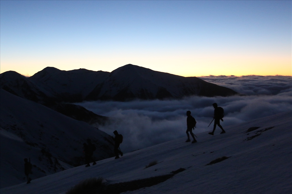after 80km cycling from Christchurch 1200m traverse to Castle Hill Peak begins
