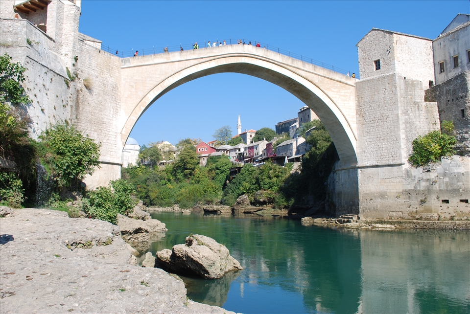 The stunning view of the Neretva River and the famous Old Bridge of Mostar.