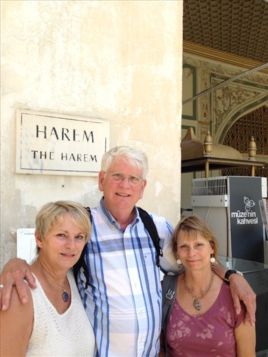 Outside the Harem entrance at Topkapi Palace. Bruce seems happy to have his 2 sultanas with him.