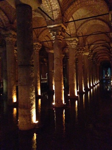 The Basilica Cistern from Justinian's time- 500 A.D. Takes up 9800 square meters and is still in use occasionally. Very impressive and cool....literally.