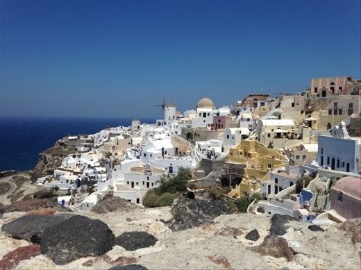 Panorama of Oia (eeyah) the town where we are staying.