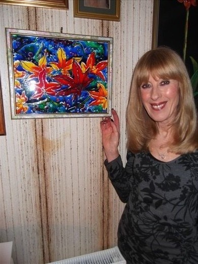 Finished glass painting. The inspiration was from leaves floating in puddles after heavy shower in Passignano. 