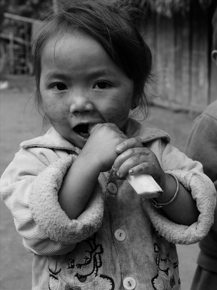 Young girl eating sugar cane, hill tribes bordering Laos