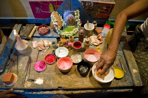 The various colours used by the make-up artist. None of them are tested face paints but just few chemicals mixed to get desired colours and the glue used to fix flat tyres used to stick the moustache and beard.
