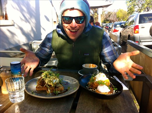 Pumpkin Bruschetta, Pulled Pork Benedict and good company makes Sarah happy! 