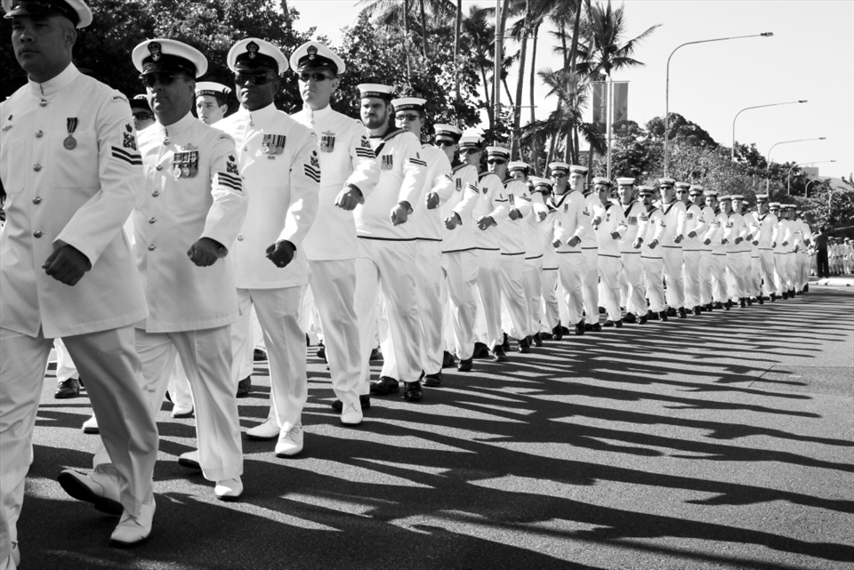 Australian Navy sailors march proud along the esplanade of their popular touristy tropical north queensland town/home (cairns) for their country and in memory of those fallen. Every year on the 25th of April i wake up before the sun to join the men and women and honour them as they have made more sacrifices for my country that is fair.
