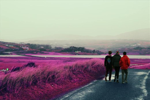 Friends walking on road, emulated to infrared photography style