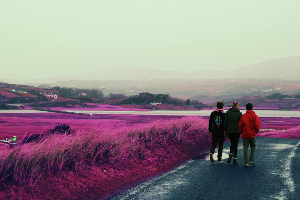 Friends walking on road, emulated to infrared photography style