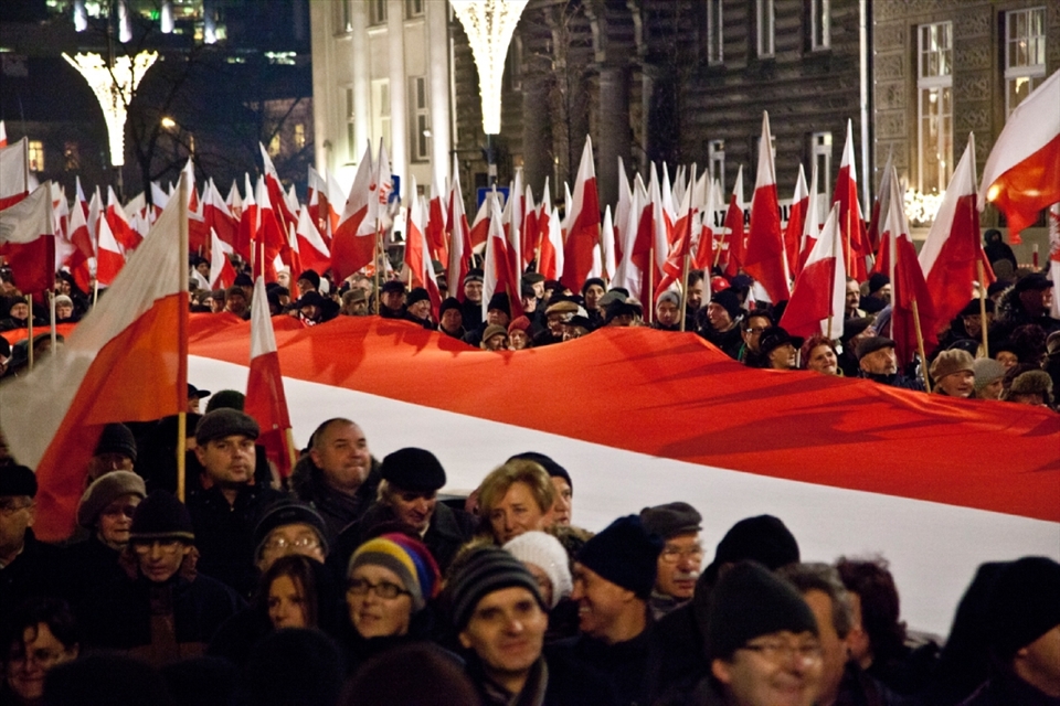 A sea of red and white, Poland's national colours, in a march against a perceived decrease in independence within the EU after Prime Minister, Donald Tusk, said he would give more powers to the EU in light of the Eurozone crisis. This, people argued, harboured back to the Communist era when Poland was heavily under the political influence of the Soviet Union that reduced its automony.