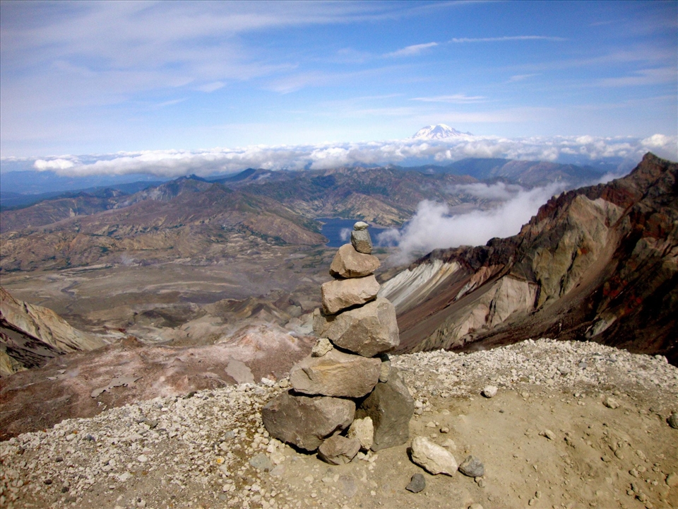 Starting the climb, looking out off a cliff on Mt St Helens