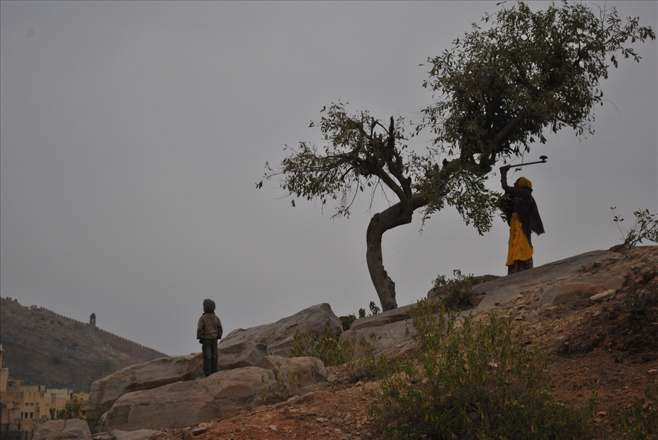 Her husbands makes bags at the city while she's getting wood with their son.