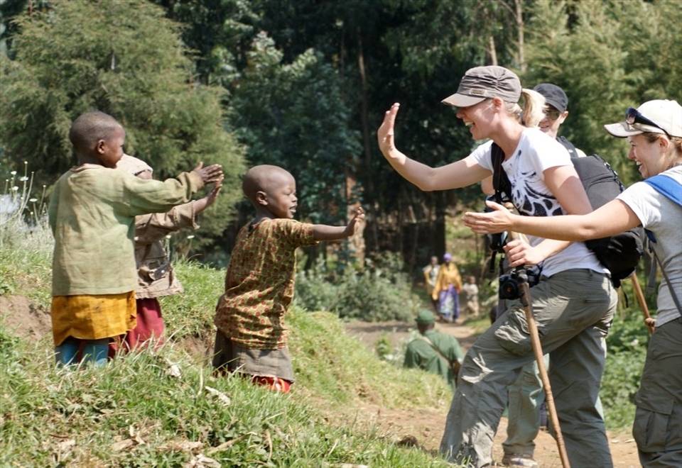 passing the locals on the trek to the mountains