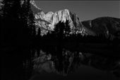 UPPER YOSEMITE FALL: A glassy slow-moving river reflects Upper Yosemite Fall. As night falls in the Park, a lunar moon lights the whole valley, becoming more magical than by day.: by scottnolan, Views[697]