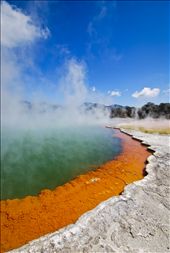 The colorful Champagne Pool located at Waitomo New Zealand is a 700 year old explosion crater filled with hot water spring. It has steep sides and 62 metres deep. The orange colored edge contains arsenic and antimony sulphur compounds rich in minerals including gold and silver. New Zealand has a lot of volcanic wonders, such as the Tongariro National Park (where the Lord of The Ring was filmed), Lake Taupo, and Rotorua.: by sean_lee, Views[434]